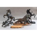 A pair of bronze Marley horses, a Japanese spelter figure of a tiger, a bronze Japanese tiger