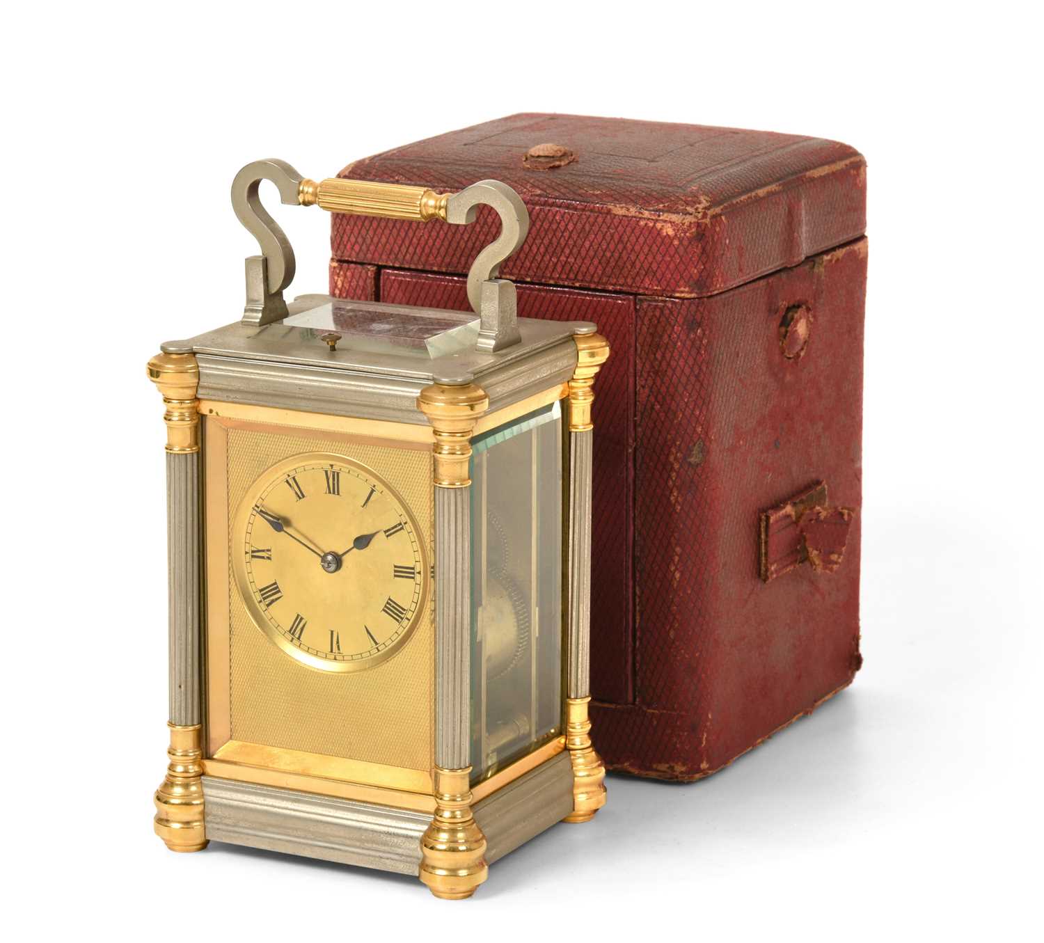 A brass and silver gilt striking and repeating carriage clock, signed Drocourt, circa 1890, carrying