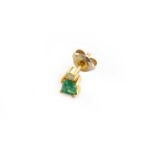 A single emerald and diamond earring, an emerald-cut emerald surmounted by a round brilliant cut