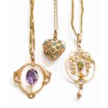 An amethyst pendant on chain, pendant length 3.2cm, chain length 43cm; a peridot pendant on chain,