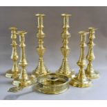 Three pairs of brass candlesticks and a chamber stickAll six candlesticks with ejectors. Only one