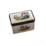 An 18th century South Staffordshire box with hinged cover, painted with naive landscapes