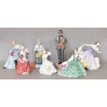 Seven Royal Doulton figures, 'Elyse' HN2474, 'Arnold Bennett' HN4360, 'A Gypsy Dance' HN 2157, '