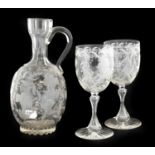 Of Royal Interest: An Engraved Glass Water Set, circa 1870, as an ewer of ovoid form with panel neck