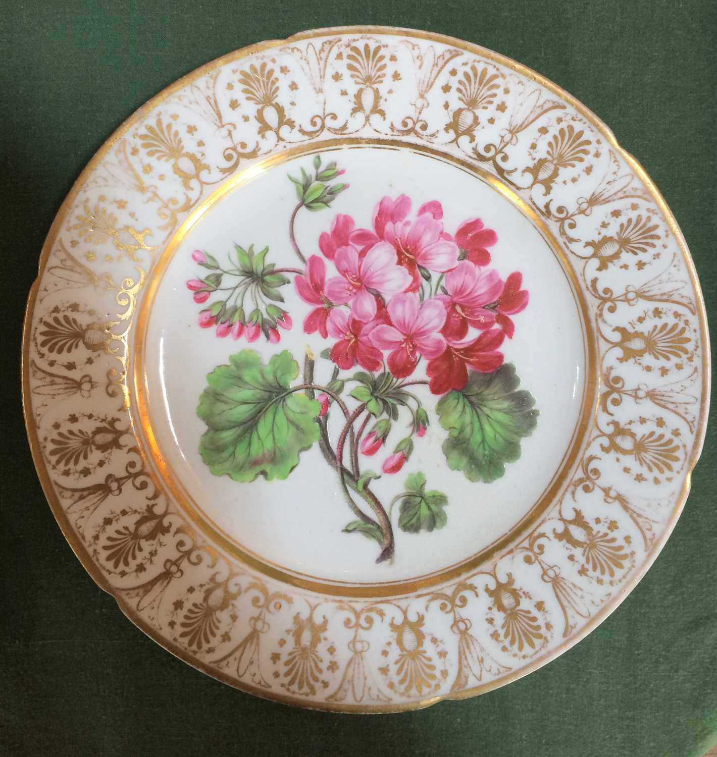 A Coalport Porcelain Plate, circa 1810, painted with a botanical specimen within a gilt anthemion - Image 6 of 8
