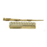 A Baltic or Norwegian Bone Comb, 18th/19th century, pierced with bands of birds and diaper, 16cm