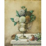 Continental School (19th century)Still life of chrysanthemums in a marble urn on a marble shelf with