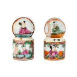 A Pair of Cantonese Porcelain Ointment Pots and Covers, mid 19th century, of cylindrical form,