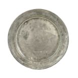 A Continental Pewter “Christening” Dish, dated 1773, with wrigglework decoration depicting a crane