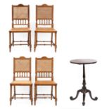 A Set of Four Beech Side Chairs, late 19th century, with caned backs and seats, on turned uprights