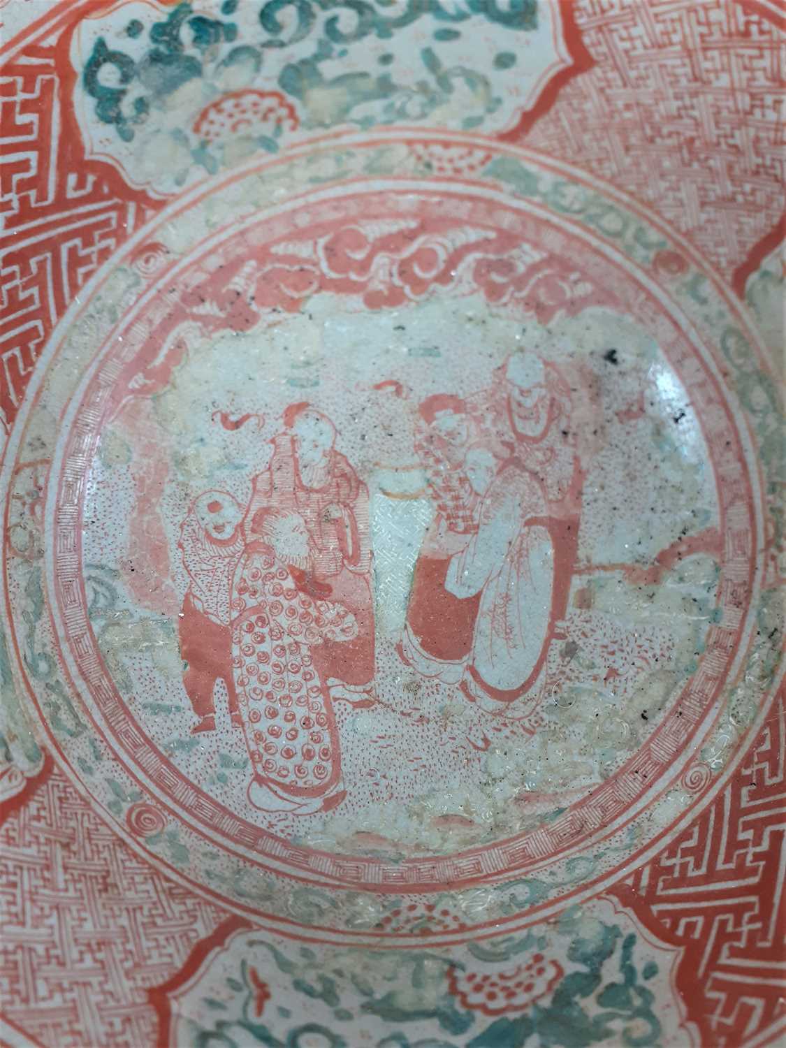 A Zhangzhou Ware Bowl, in 17th century style, painted in red and green with figures in landscape and - Image 3 of 20