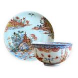 A Dutch-Decorated Chinese Porcelain Saucer, early 18th century, painted with a pagoda, fisherman and