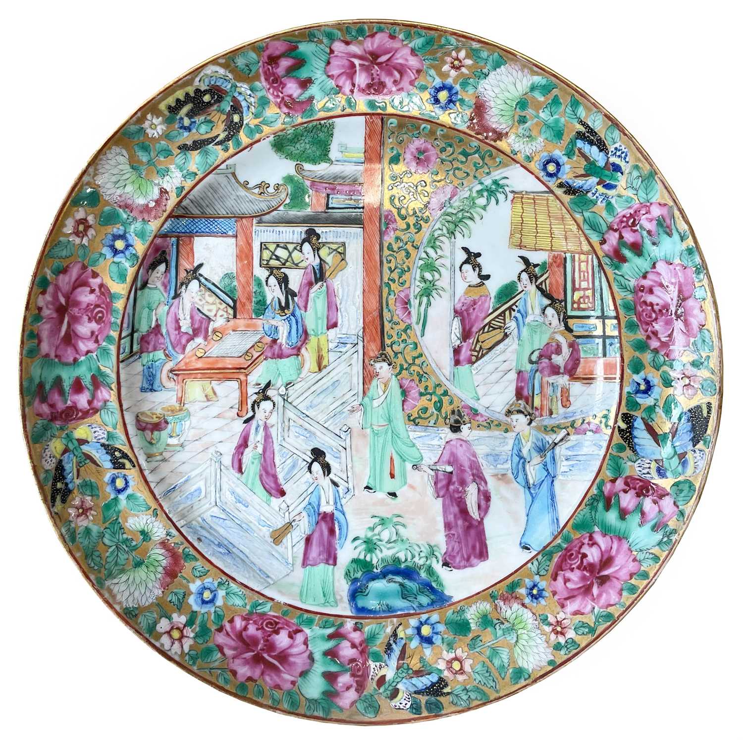 A Chinese Canton Decorated Persian-Market Plate, circa 1855, typically painted in famille rose