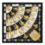 Hermès Silk Scarf, Cliquetis Designed by Julia Abadie, with a cream and black striped design with