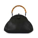 Gucci Black Leather Hand Bag with Bamboo Handle, hobo shape in grainy leather, with matt black