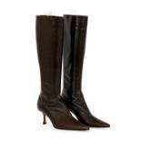 Pair of Jimmy Choo Dark Tan Long Leather Boots, with kitten heel, zip to the reverse, cream