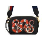Gucci Mervailles Black Leather Camera Bag, printed with a red snake to the front, gilt tone hardware