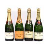 Veuve Clicquot Brut Champagne (one bottle), Taittinger Brut Champagne (one bottle), Bollinger