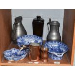 An 18th Centry Green Glass Bottle, together with pewter jugs, copper measures, A Cauldon blue