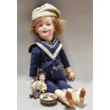 An SFB J 229 Sailor Doll, (crack to head) and miniature dolls