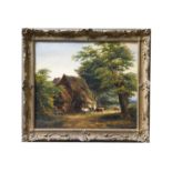 British School (19th Century)Rural Cottage with figures and cattleOil on canvas, 39cm by 58cmThe