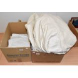 Assorted white linen table and bed linens, coloured cloths, white linen and cotton sheets etc (two