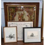A Victorian woolwork picture of figures country dancing, a reproduction framed map and other