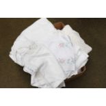 Qty of assorted white linen including bed covers, embroidered examples, etc (one box)