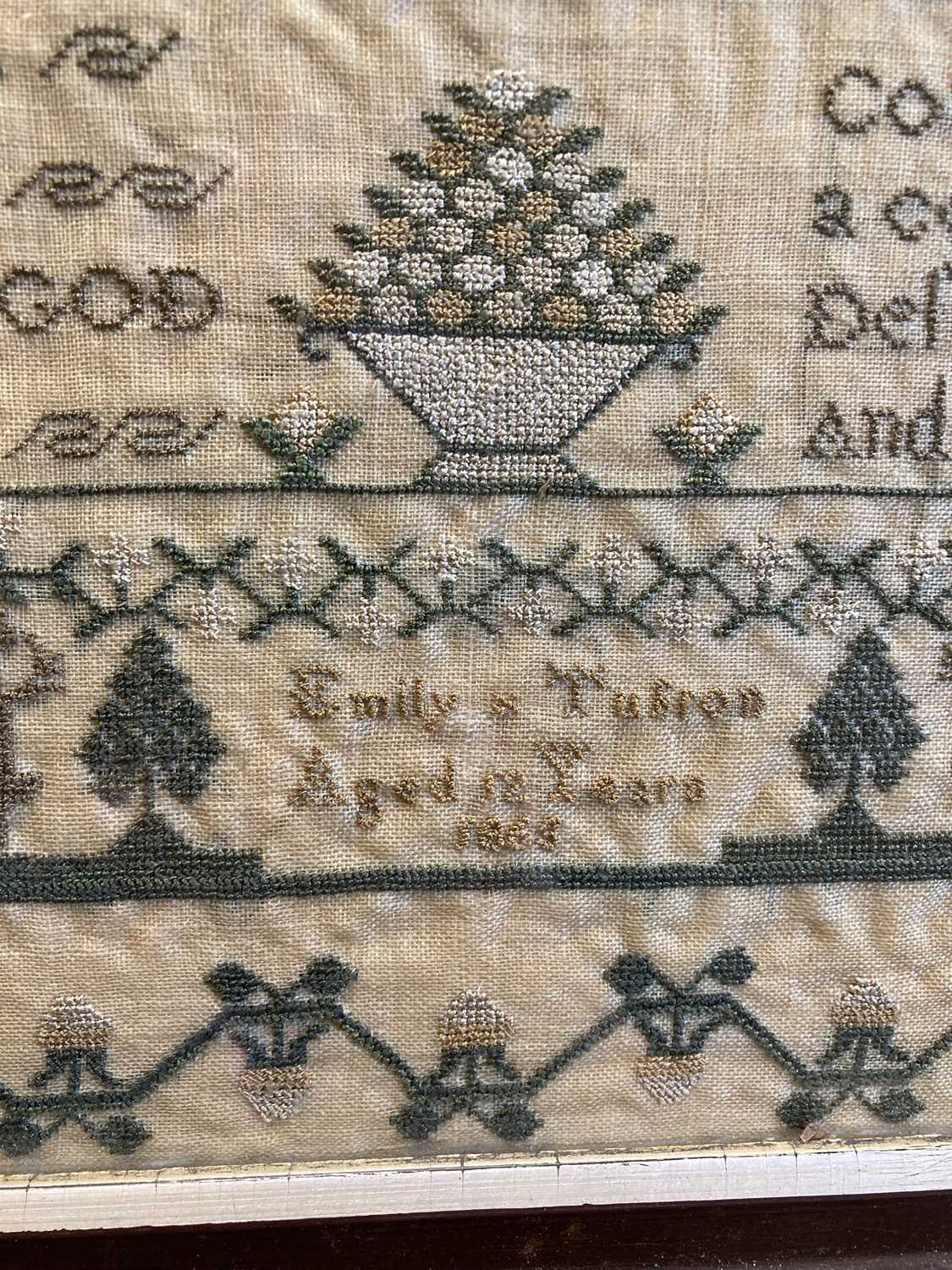 19th Century Needlework Sampler Worked by Emily Tufton Aged 12, 1865, the canvas is split into - Image 2 of 5