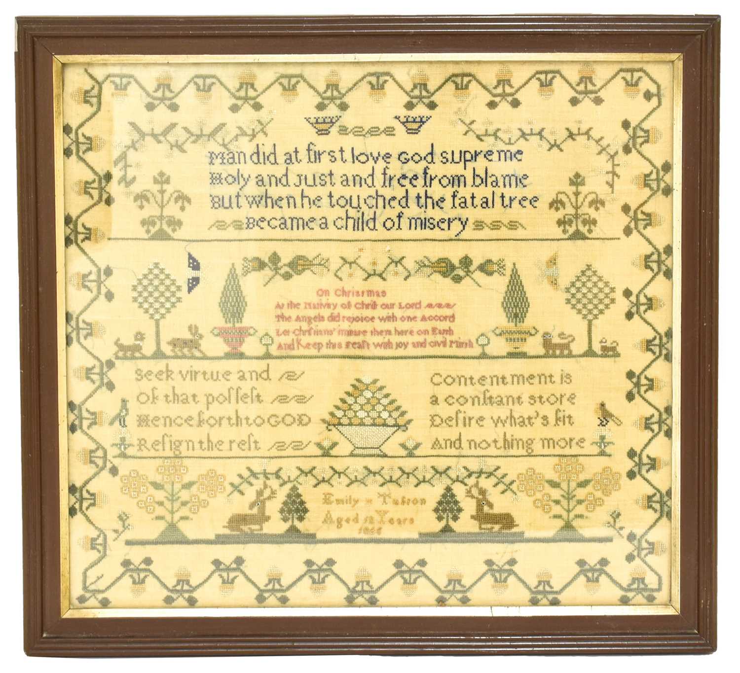 19th Century Needlework Sampler Worked by Emily Tufton Aged 12, 1865, the canvas is split into