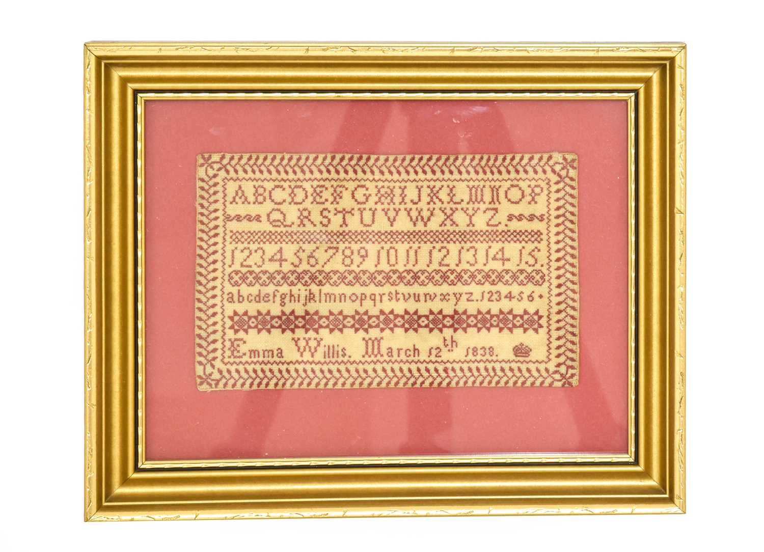 An Early 19th Century Small Needlework Alphabet Sampler Worked by Emma Willis, March 12th 1838,