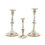 A Pair of South Staffordshire Enamel Candlesticks, circa 1770, with pierced detachable drip pans,