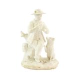 An English Bisque Porcelain Figure of a Boy, circa 1830, sitting on a tree stump, his dog sitting