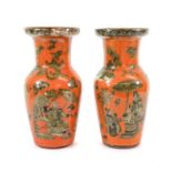 A Pair of Decalcomania Glass Vases, 19th century, of baluster form, the cylindrical necks with