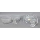 A Set of Six Val St Lambert Glass Supper Dishes, together with a pair of cut glass pedestal salts