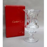 A Cartier Cut Glass Pedestal Vase, of urn form, 34cm hIn good condition. Estimate £300-500.