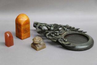 A Chinese Soapstone Scholars Seal and Two Others, and A Chinese Carved Stone Brush Washer (4)