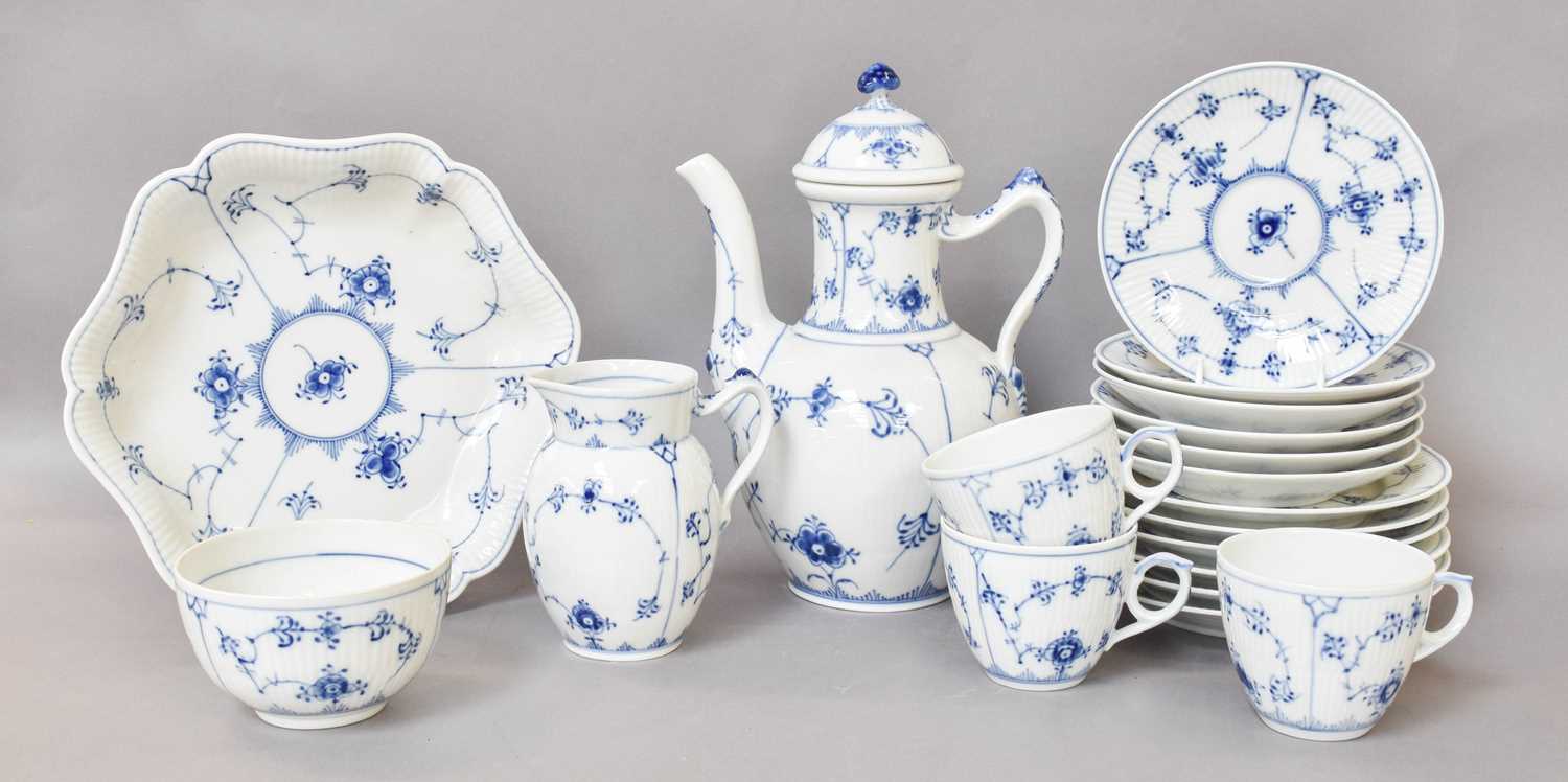 Royal Copenhagen Teawares, decorated with blue flowers on a white ground, including teapot, hotwater