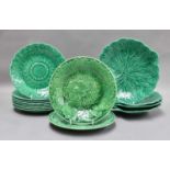 A Large Quantity of Majolica Leaf Plates, mostly Wedgwood, 19th century and later (one tray and