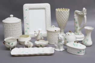 A Small Group of Belleek China, including animal models, photograph frame, preserve jars, vases, etc