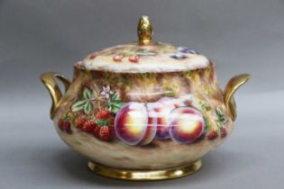 A Royal Worcester Style Porcelain Tureen and Cover, by David Bowkett, circa 1979, of cushion