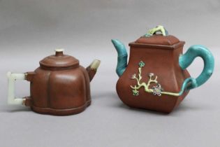 Two Chinese Yixing Teapots, one with a jade handle and spoutJade handle example - in overall good