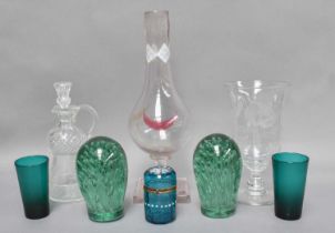 Four Victorian Sunderland Dump Paperweights; together with an Edwardian etched glass liqueur set,
