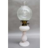 A Victorian Oil Lamp, with etched glass shade and opaque glass base, 58cm h overall