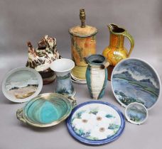 A Group of Studio Pottery, including a hen egg basket by Angie Mitchell, a vase and bowl impressed