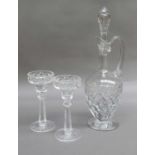20th Century Glass, comprising Baccarat Lorraine pattern decanter and two Irish glass candlesticks