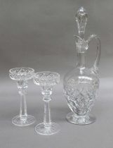 20th Century Glass, comprising Baccarat Lorraine pattern decanter and two Irish glass candlesticks