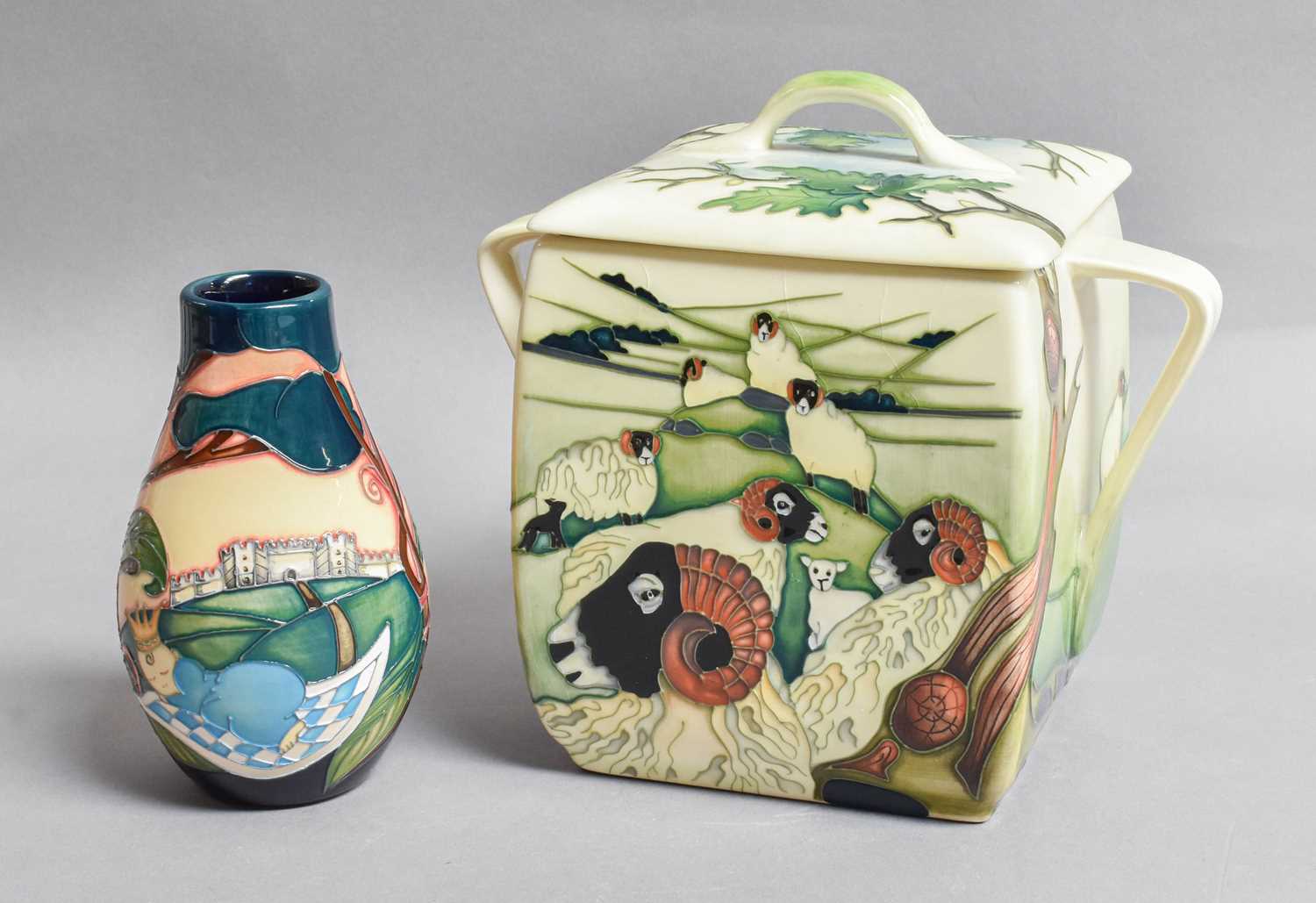 Two Pieces of Moorcroft Pottery, A Royal Arrival pattern vase by Nicola Slaney, 12.5cm and twin