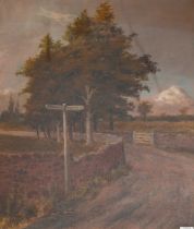 S A Knowles (20th century) Wooded country lane with signpostSigned and dated 1922, oil on canvas,