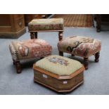 A Victorian Tunbridge Inlaid Rosewood Box Stool, with marbled pot feet and beadwork pad , 39cm by